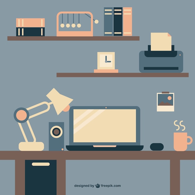 Free Vector | Flat working desk with coffee and laptop