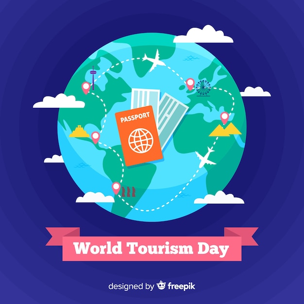 Flat world tourism day with travelling tickets Free Vector