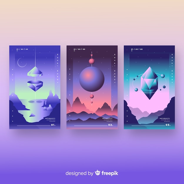 Floating 3d gradient polygons brochure collection Free Vector