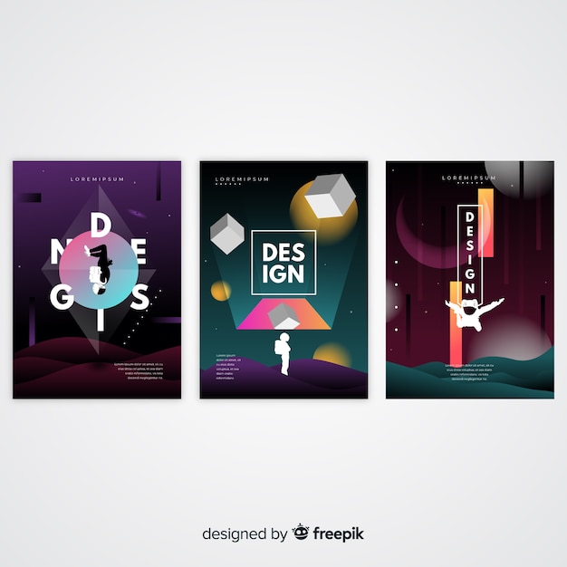 Floating 3d shapes brochure template collection Free Vector