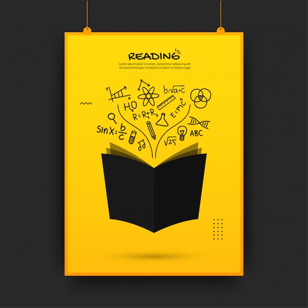 Floating book with outline icons on yellow background, back to school poster Premium Vector