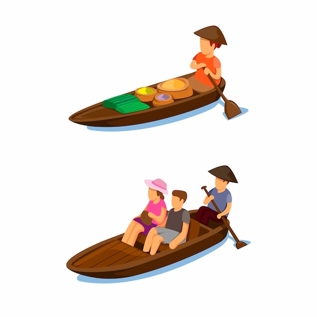 伝統的な水上マーケット 漫画イラストのボートシンボルコンセプトで食べ物や観光輸送を売る女性 プレミアムベクター