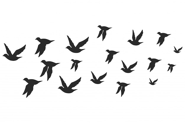 飛行中の鳩やハトの黒いシルエットの群れ プレミアムベクター