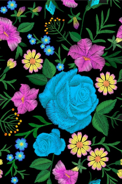 花の青いバラ刺繍シームレスパターン ビンテージのビクトリア朝の花飾りファッション繊維装飾 ステッチテクスチャベクトルイラスト プレミアムベクター 花の青いバラ刺繍シームレスパターン ビンテージのビクトリア朝の花飾りファッション繊維装飾 ステッチテクスチャベクトルイラスト プレミアムベクター