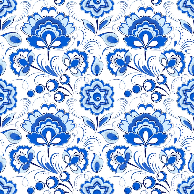 ロシアのカントリースタイルのシームレスな花柄ブルー プレミアムベクター