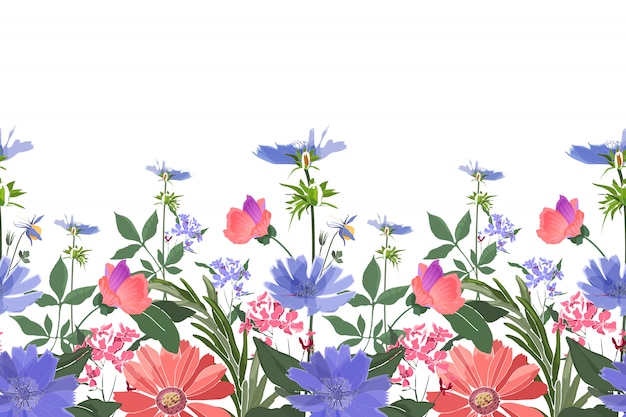 花のボーダー 夏の花 緑の葉 チコリ ゼニアオイ テンニンギク マリーゴールド オックスアイデイジー 分離されたピンク ブルーの花 プレミアムベクター