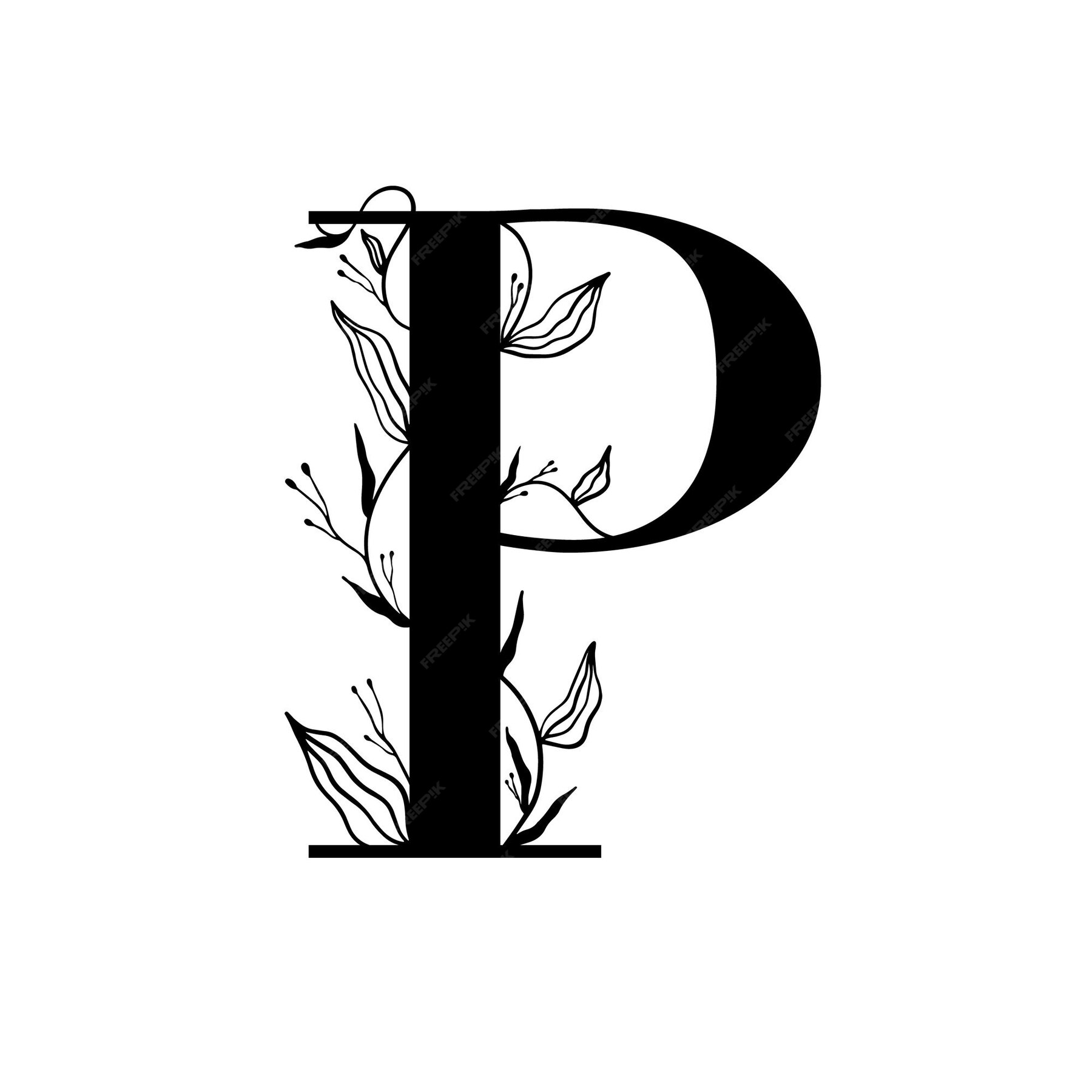 Premium Vector Floral Botanical Alphabet Vintage Hand Drawn Monogram Letter P Letter With