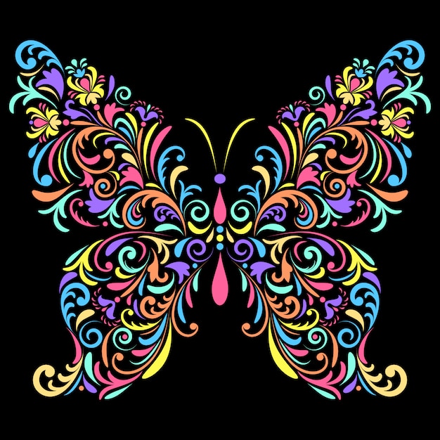 Floral butterfly on black background Premium Vector