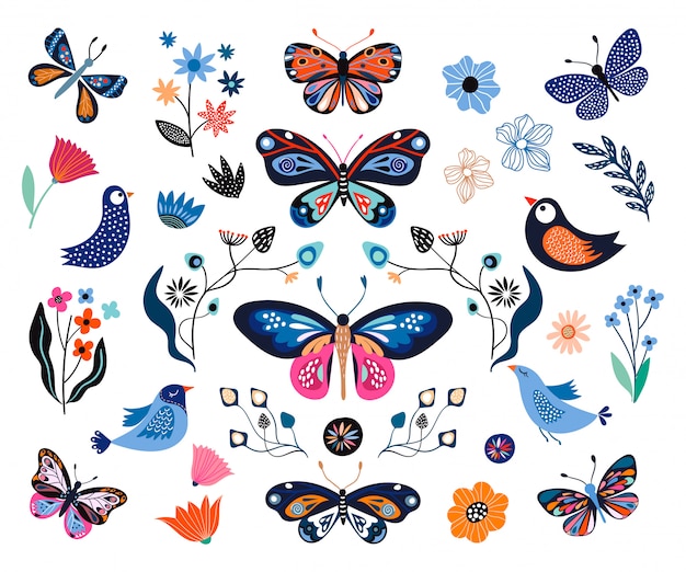 Floral Collection With Decorative Elemets Butterflies Flowers