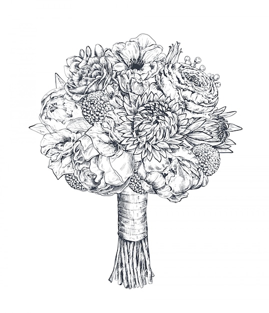花の組成 美しい手描きの花 植物 リボンとブライダルブーケ スケッチスタイルのモノクロイラスト プレミアムベクター