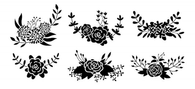 花の組成セット 花枝黒グリフ 抽象的なシルエットの美しい花のデザイン要素 漫画エココレクション 彫刻は 花を分離しました 図 プレミアムベクター