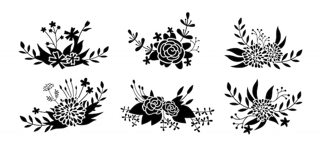 花の組成セット 花枝黒グリフ 抽象的なシルエットの美しい花のデザイン要素 フラット漫画のコレクション 彫刻は 花を分離しました 図 プレミアムベクター