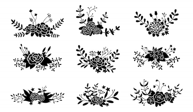 花の組成セット 花枝黒グリフ 抽象的な結婚式の美しい花のデザイン要素 カラフルなフラット漫画ガーデンエココレクション 彫刻は 花を分離しました 図 プレミアムベクター
