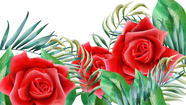 赤いバラ つぼみ 葉と花の組成 無料のベクター
