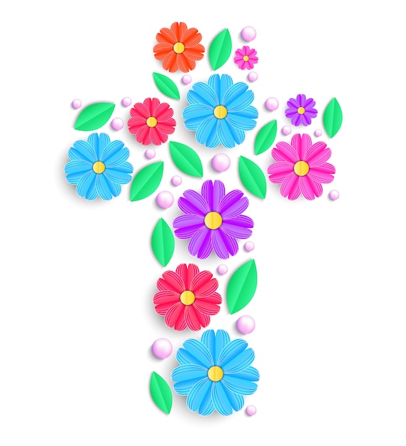 Download Floral cross with colorful flowers on white background. | Premium Vector