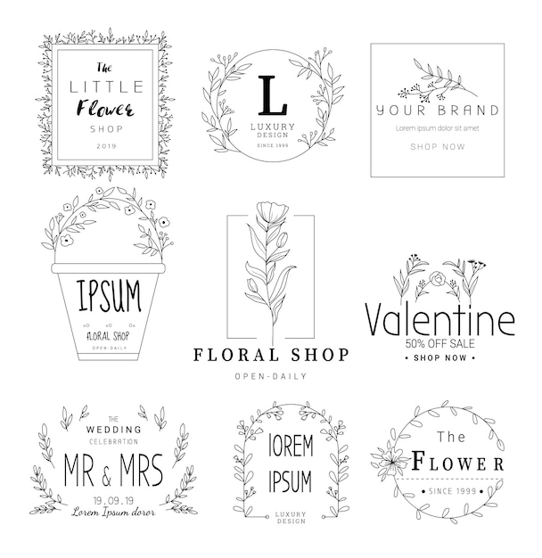 Floral frame set for wedding, flower shop, hand drawn style Premium Vector
