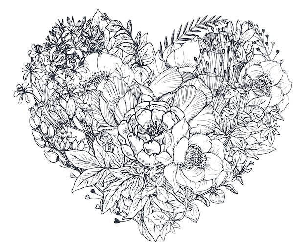 花のハート 手描きの花や植物の花束の構成 スケッチ風のモノクロイラスト プレミアムベクター