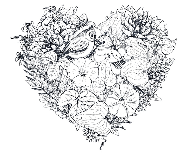 花のハート 手描きの花 植物 鳥の花束の構成 スケッチ風のモノクロイラスト プレミアムベクター
