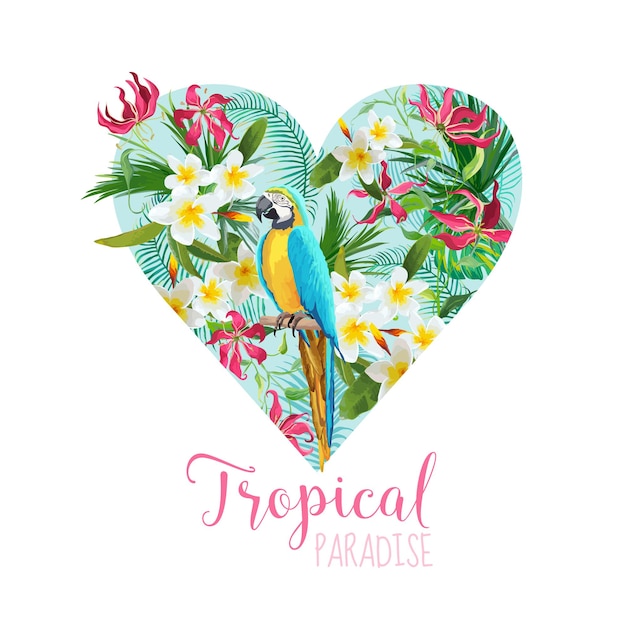 Premium Vector Floral Heart Graphic Design Tropical Flowers And Parrot Bird For T Shirt Fashion Prints