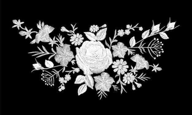 花のモノクロの白いバラ刺繍のネックラインの配置 ビンテージのビクトリア朝の花飾りファッション繊維装飾 黒のステッチテクスチャイラスト プレミアムベクター