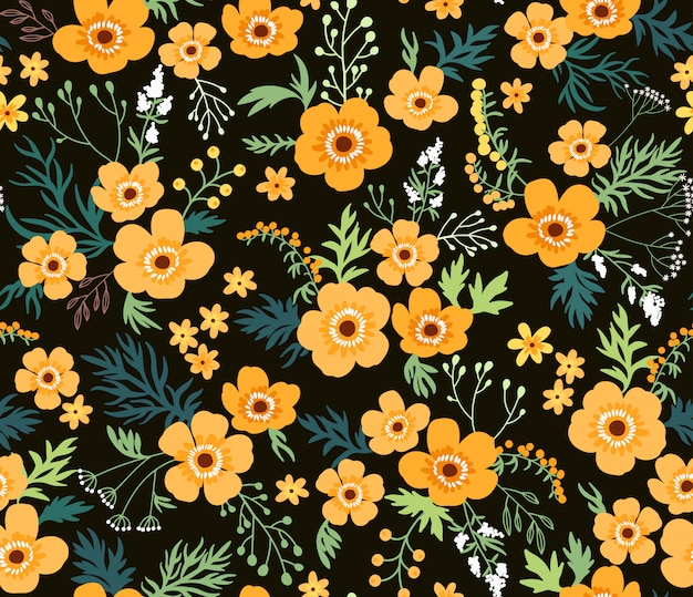 花柄 黒の背景に黄色の花をキンポウゲ シームレスなベクター印刷 春の花束 プレミアムベクター