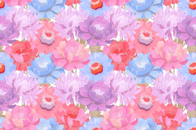 花柄 ベージュの葉が白い背景で隔離のピンク 紫 青の庭の花 美しい牡丹 アスター ジニア ファブリック 壁紙デザイン キッチンテキスタイル プレミアムベクター