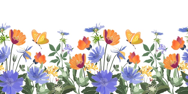 花のシームレスなボーダー 夏の花 緑の葉 チコリ アオイ科の植物 テンニンギク マリーゴールド フランスギク オレンジ 青い花 白い背景で隔離の蝶 プレミアムベクター