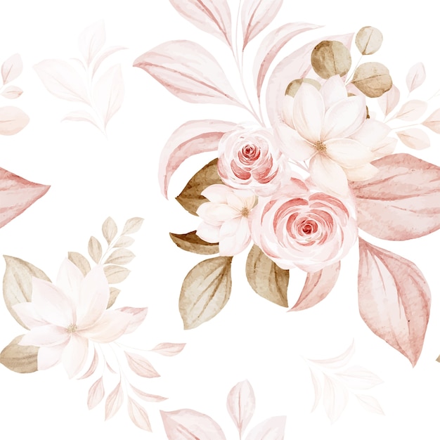 Premium Vector Floral Seamless Pattern Of Brown And Peach Watercolor Roses And Wild Flowers Arrangements