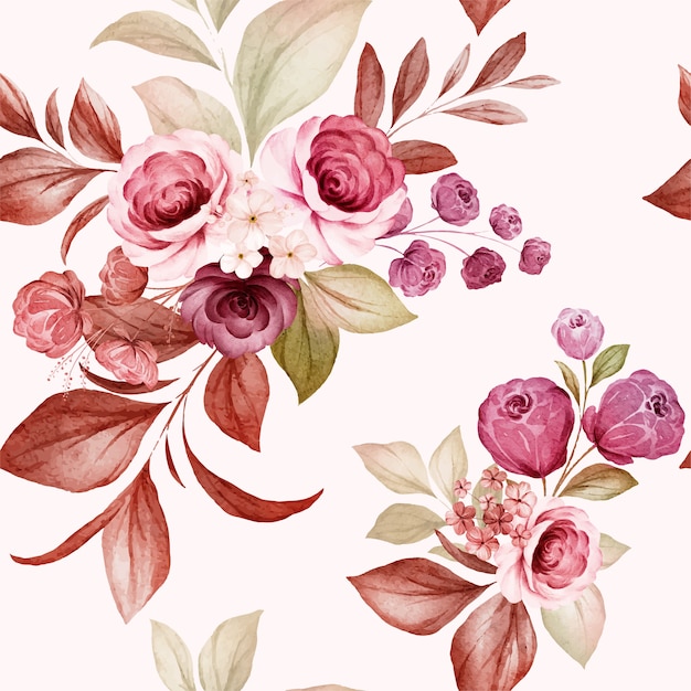 Premium Vector Floral Seamless Pattern Of Burgundy And Peach Watercolor Roses And Wild Flowers 