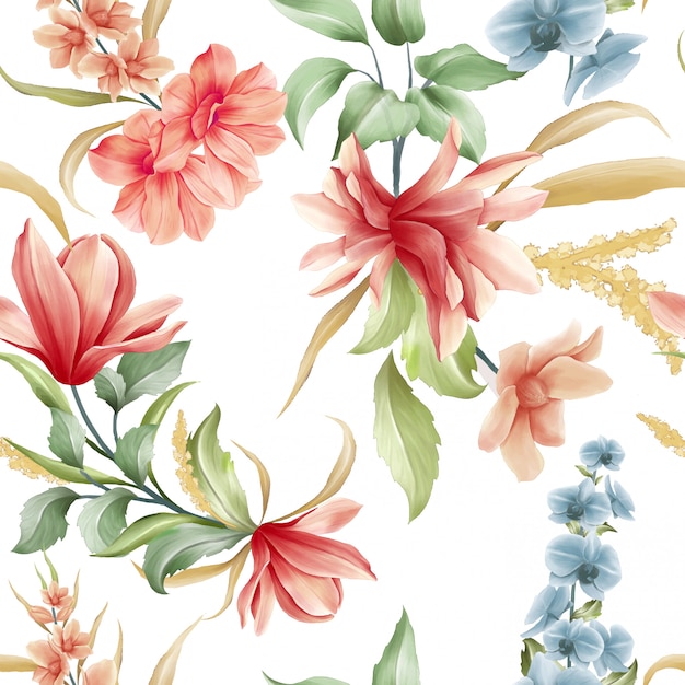Floral seamless pattern of magnolia and orchid flowers Premium Vector
