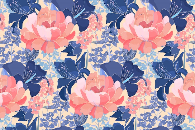 シームレスな花柄 ピンクの牡丹 青いユリの花 つぼみの背景に分離された芽 ホームテキスタイル ファブリック 壁紙デザイン アクセサリー デジタルペーパー プレミアムベクター