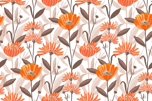 花のシームレスなパターン 春 夏の花 オレンジキンセンカ マリーゴールド テンニンギクの花 茶色の葉 あらゆる表面の装飾デザインに プレミアムベクター