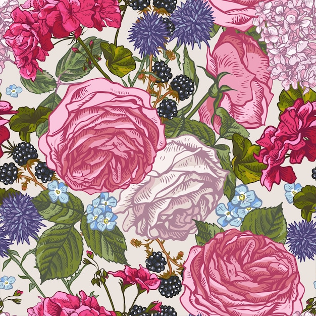 Floral seamless pattern with blooming roses | Premium Vector