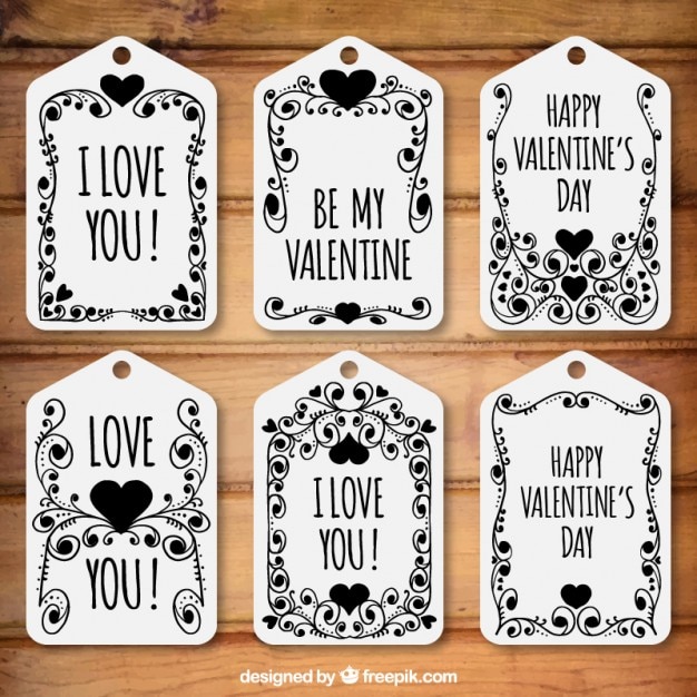 Download Floral valentine day tags pack in black color | Premium Vector