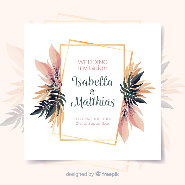 Floral wedding invitation card with golden\
frame