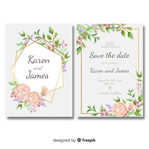 Download Floral wedding invitation template with golden frame Vector | Free Download