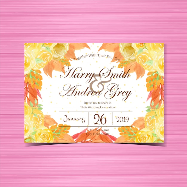 Premium Vector Floral wedding invitation with beautiful yellow roses