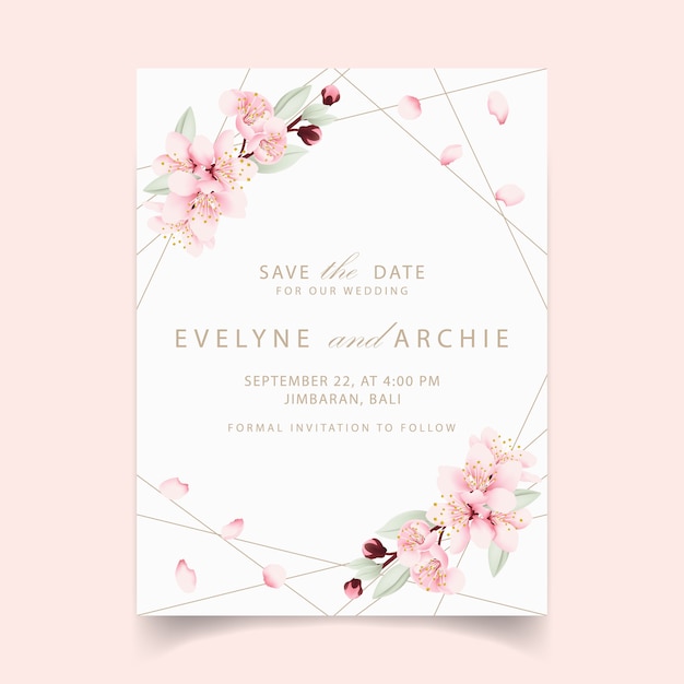 Floral wedding invitation with cherry blossoms Premium Vector