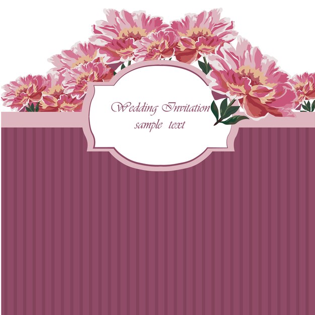 Floral wedding invitation with dark pink\
stripes