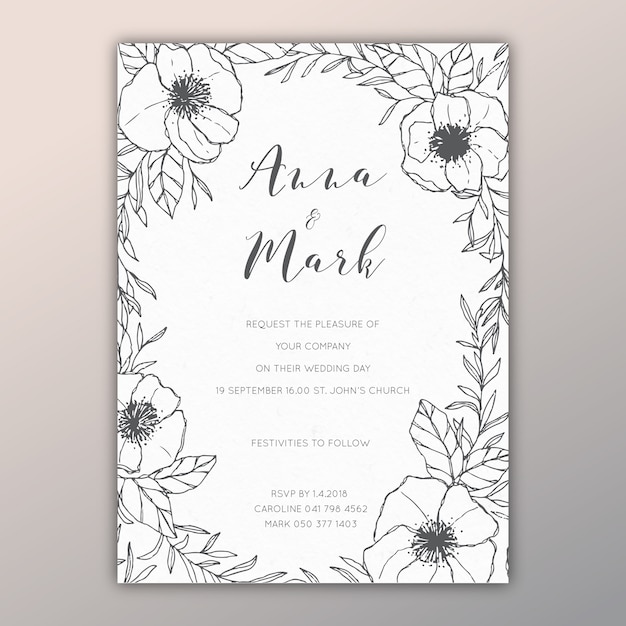 Free Vector Floral Wedding Invitation With Hand Drawn Illustrations