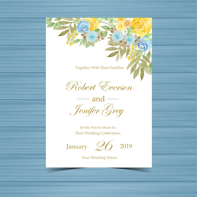 Premium Vector | Floral wedding invitation with yellow and blue roses