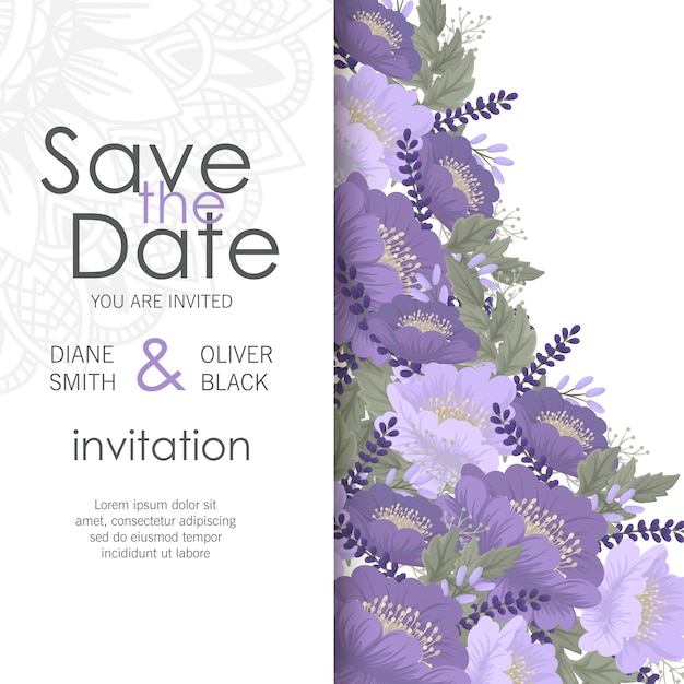 花の結婚式のテンプレート 紫の花カード 無料のベクター
