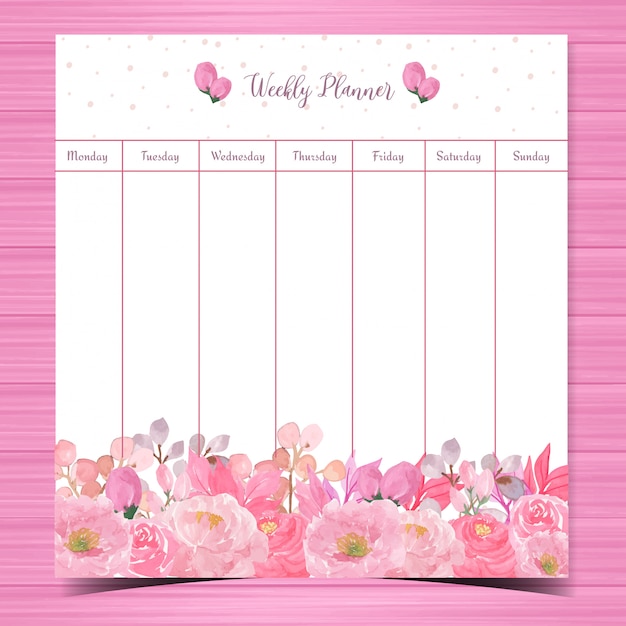 Floral weekly planner with gorgeous pink roses | Premium Vector