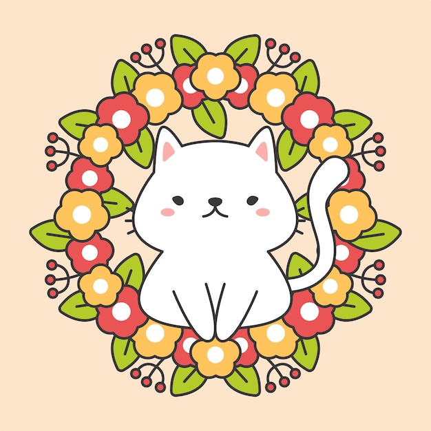 Download Floral wreathe with leaves and cute cat charactor Vector ...