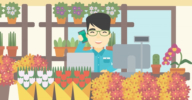 Download Florist at flower shop vector illustration. | Premium Vector