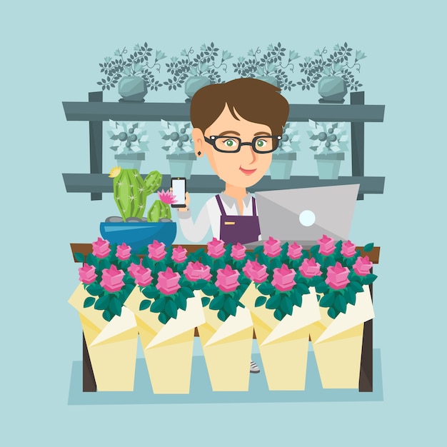 Download Florist standing behind the counter at flower shop Vector ...