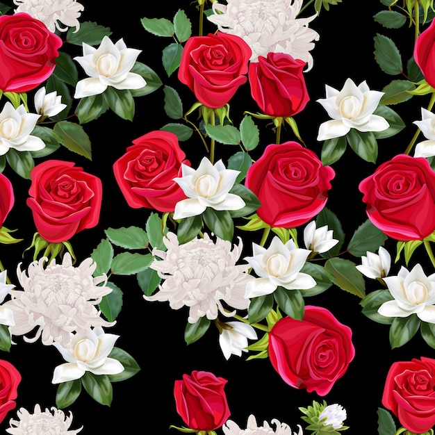 赤いバラ 菊 マグノリアのシームレスパターンilllustrationと美しい花束を花します プレミアムベクター