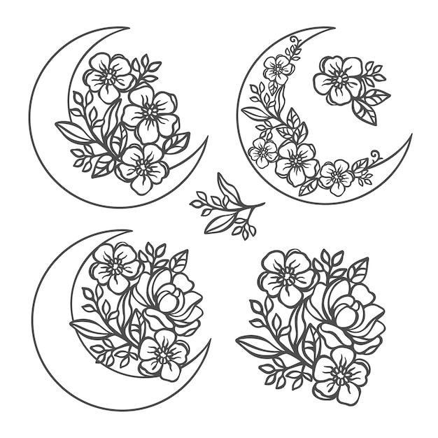 Premium Vector | Flower crescent monochrome collection from buttercup ...