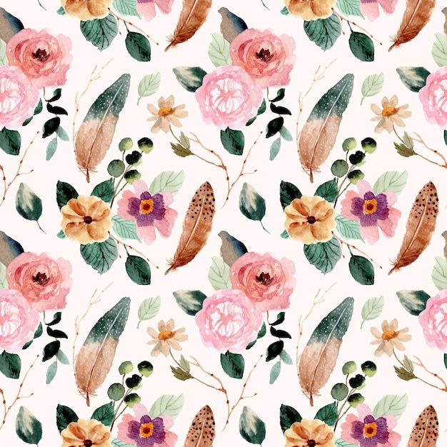 Flower and feather watercolor seamless pattern Premium Vector