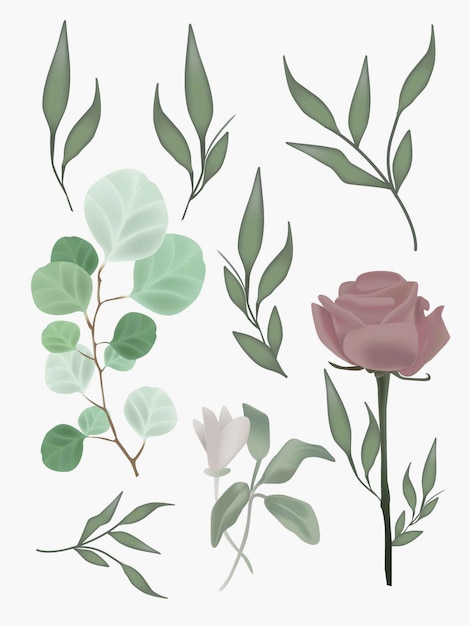 花葉リアルなメッシュ植物イラストセット 結婚式のデザイン ポスター ポストカードのグラフィック要素 プレミアムベクター